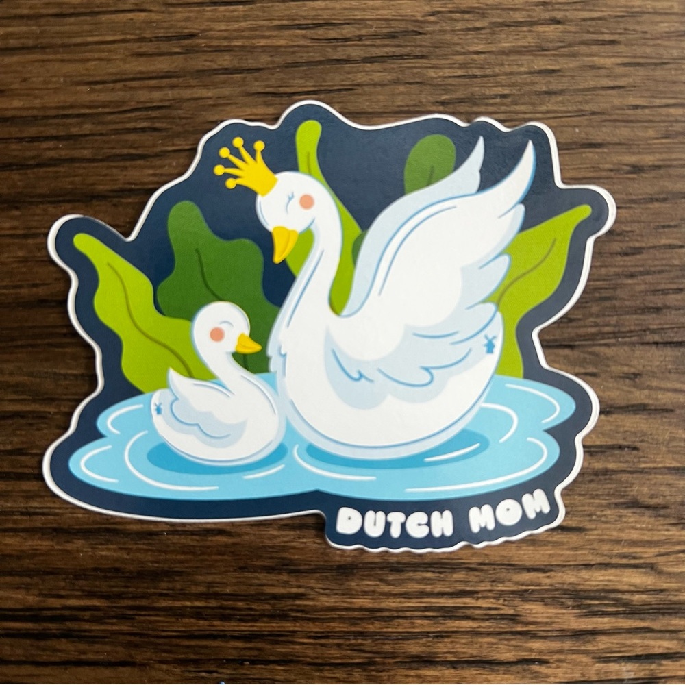 Dutch Bros White Swan Mother & Baby Sticker with Blue & Green Accents